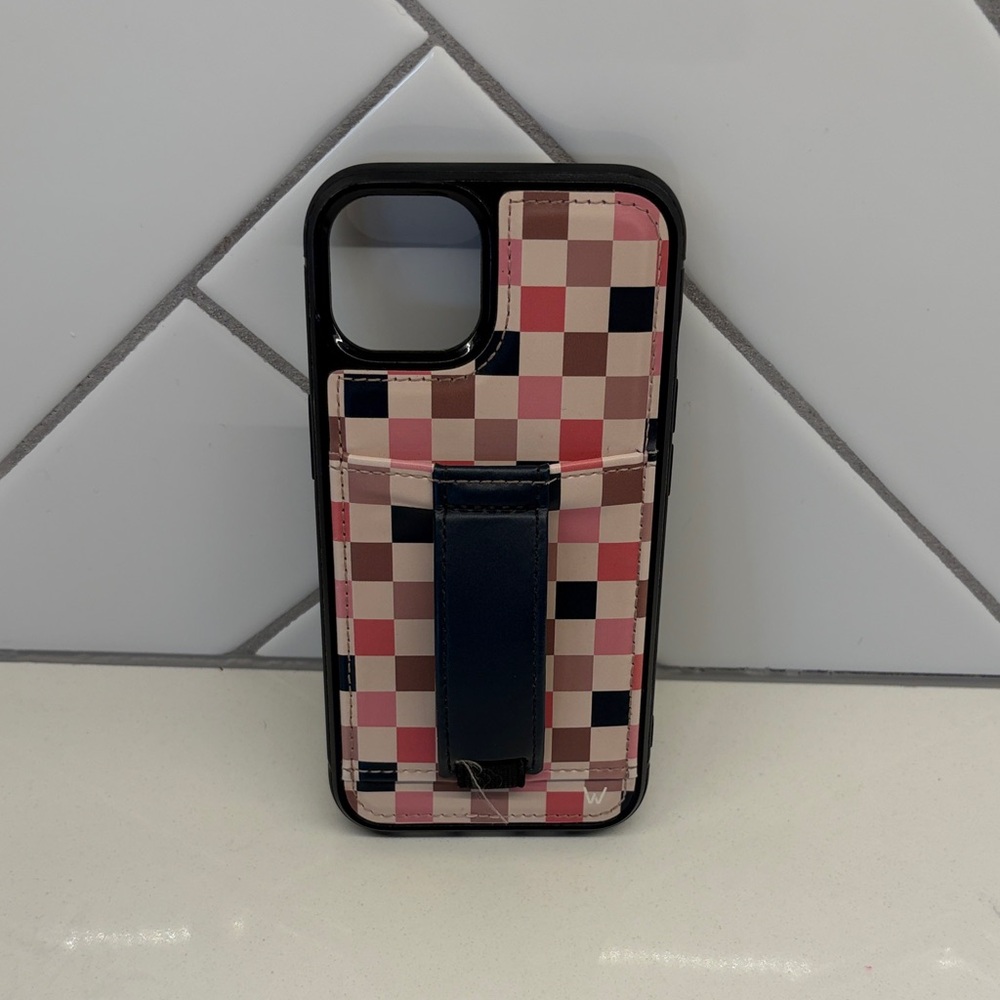 Checkered Phone Case with Card Holder - Pink and Brown